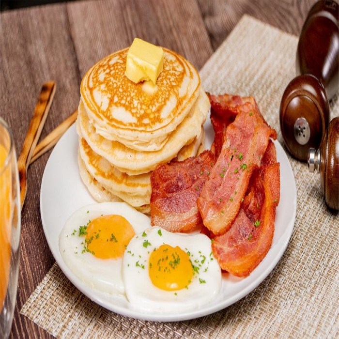 3 Pancakes, 2 Eggs with Meat